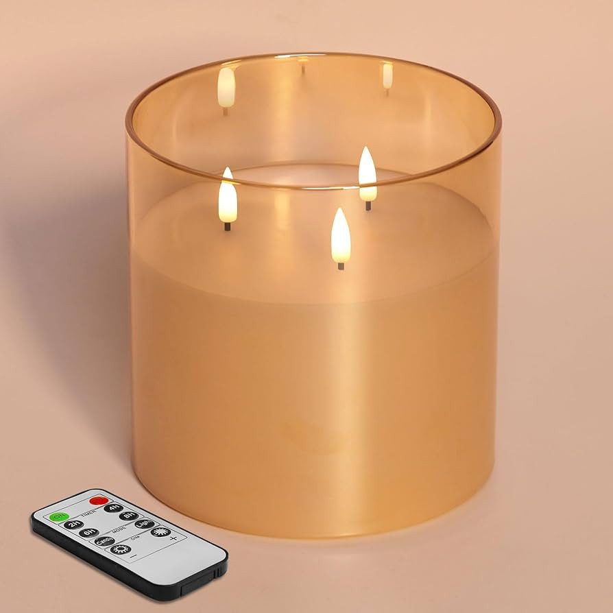 Eywamage 3 Wick Gold Flameless Candle with Remote Φ 6" H 6", Large Battery Operated LED Glass Ca... | Amazon (CA)
