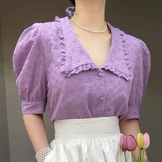 Eyelet-Lace Collared Puff-Sleeve Blouse | YesStyle Global