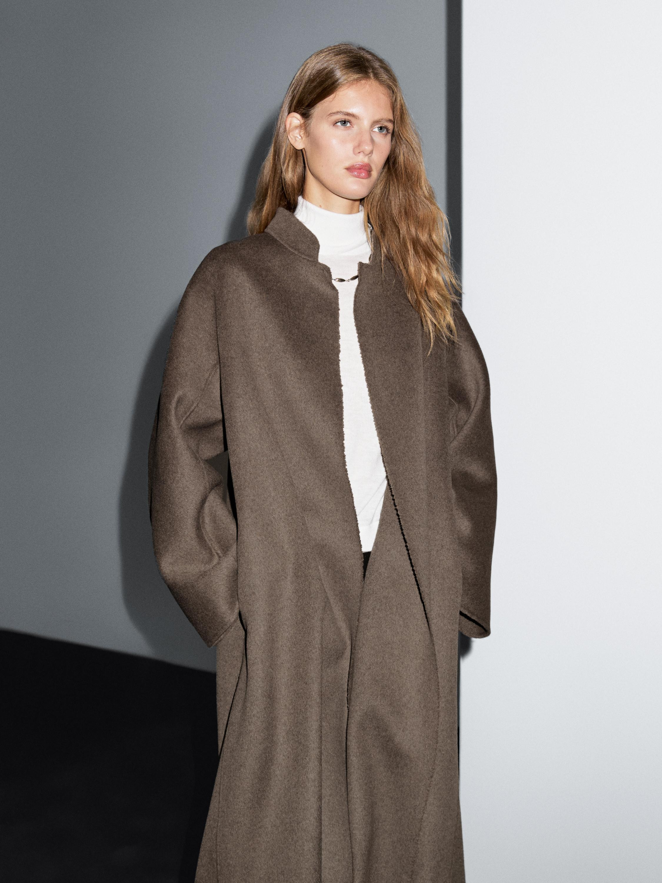Long open wool blend coat | Massimo Dutti US