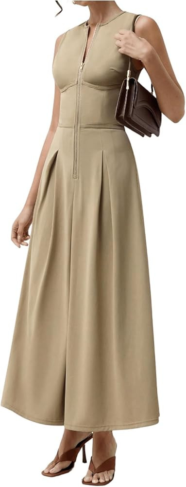 MakeMeChic Women's Sleeveless Round Neck Maxi Dress Pleated Zipper Front Tank Dresses | Amazon (US)