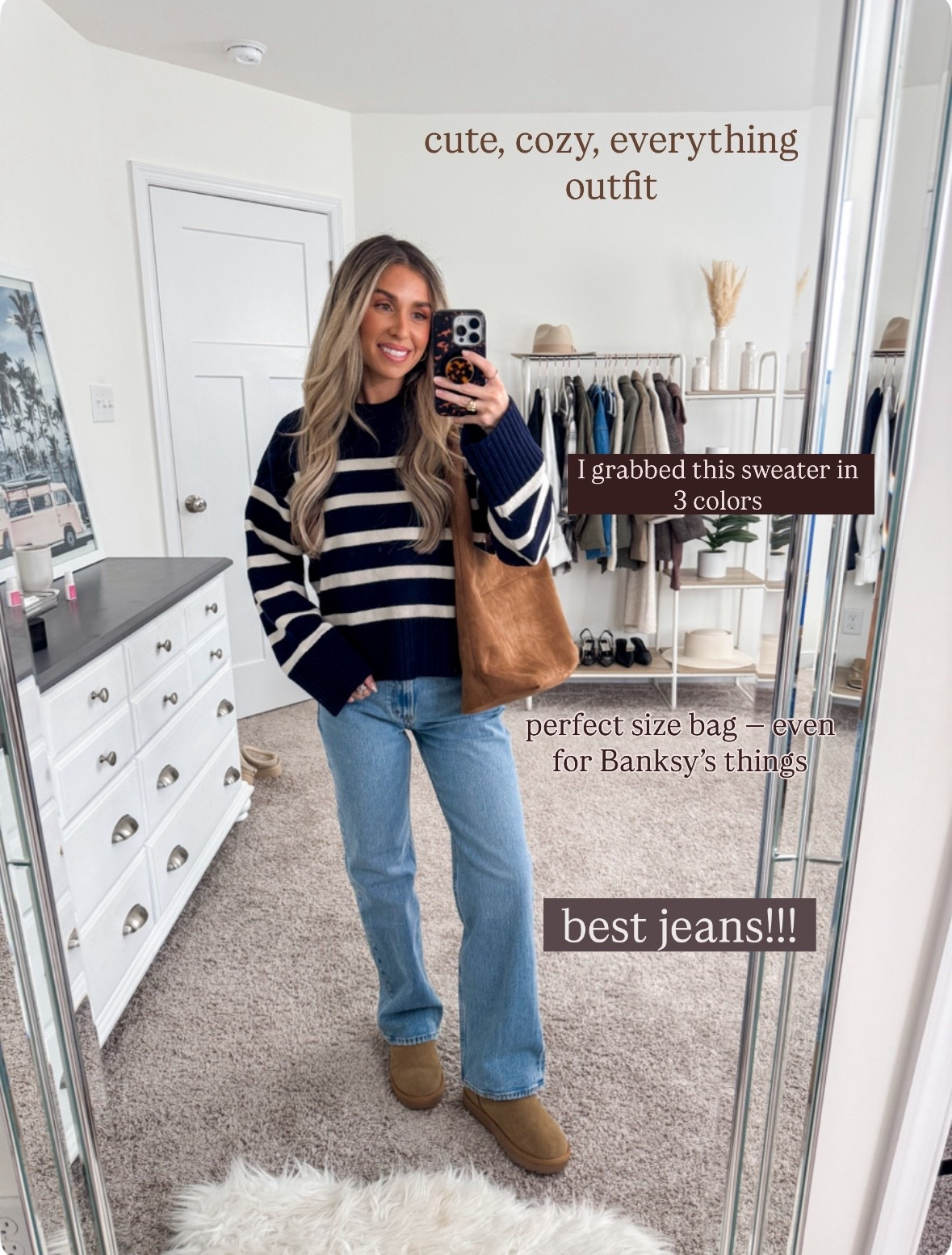Cozy casual everything outfit for fall
+ sweater: size small
+ jeans: 24 shorts 
+ Ugg minis: true to size 



#LTKSeasonal #LTKFindsUnder50 #LTKFindsUnder100