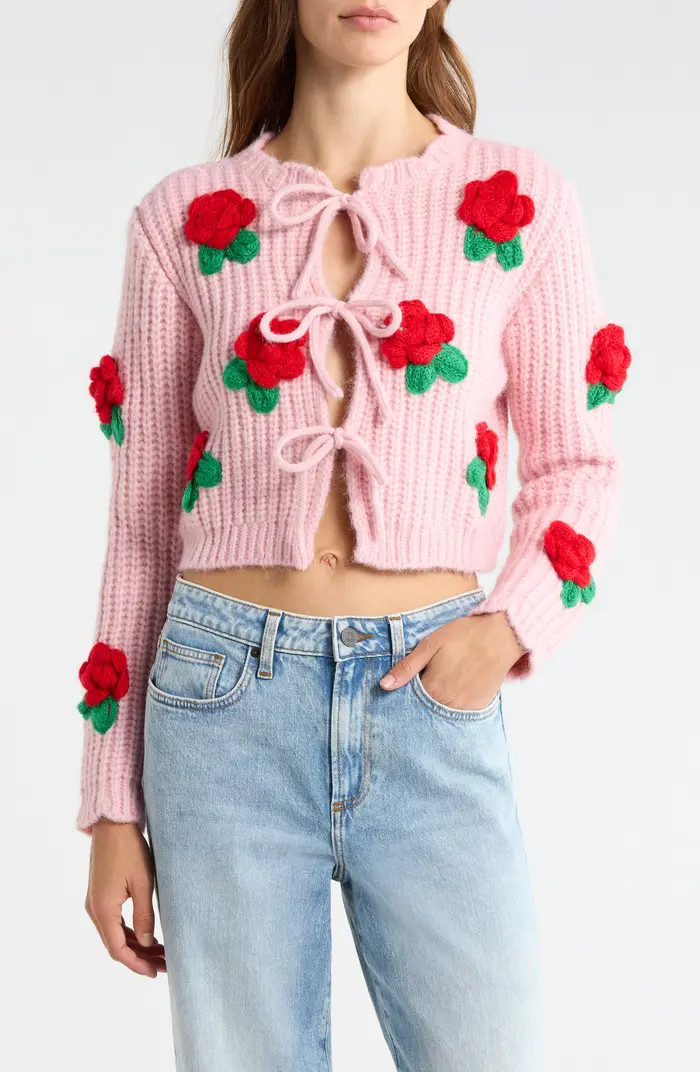 3D Flower Chunky Tie Front Cardigan | Nordstrom