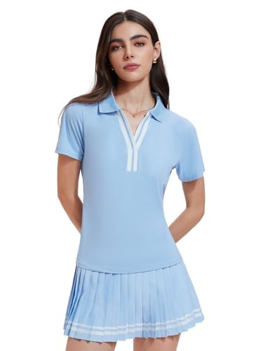 IUK Women 2 Piece Pleated Tennis Skirt Set Polo V-Neck Golf Outfit Pickleball Athletic Dress with Built-in Shorts Sky Blue | Amazon (US)