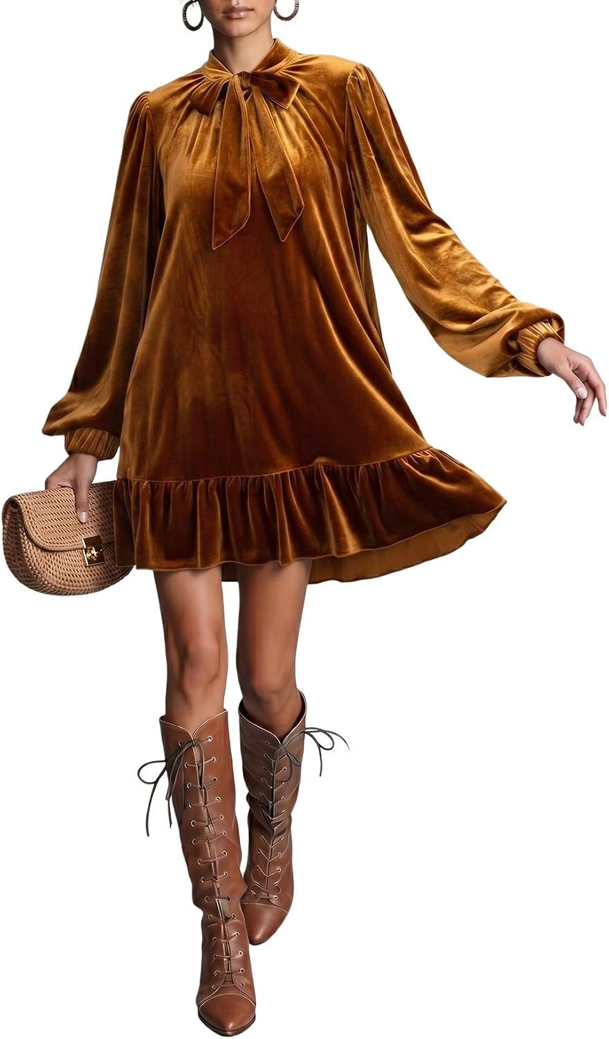 Dokotoo Velvet Dresses for Women Long Lantern Sleeve Tie Neck Fall Outfits | Amazon (US)