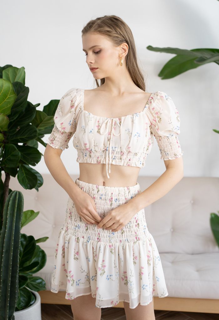 Bouquet Shirred Ruffle Crop Top and Skirt Set | Chicwish
