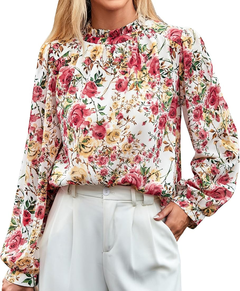 ECOWISH Womens Blouses Long Sleeve: 2023 Fall V Neck Casual Tops Polka Dot Work Shirt | Amazon (US)