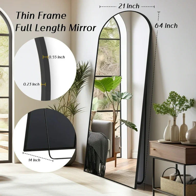 Melodieux Arched Mirror Full Length 63.5" x 20.5" Floor Standing Mirror Black Frame Full Body Mir... | Walmart (US)