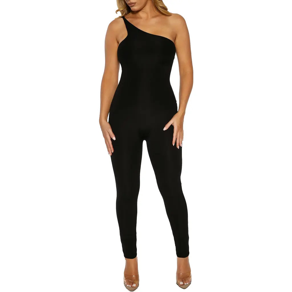 Naked Wardrobe One-Shoulder Jumpsuit in Black at Nordstrom, Size X-Large | Nordstrom