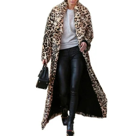 DJBM Women s Sexy Elegant Vintage Leopard Print Lapel Faux Fur Long Maxi Coat Jacket Leopard S | Walmart (US)