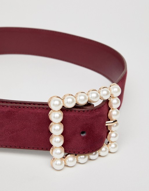 Glamorous faux pearl buckle belt in red | ASOS US