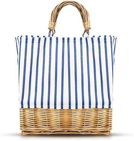 Women's Blue Stripe Bohemian Beach Tote Bag, One Size, Square, Trapezoid, Straw & Linen, Lightwei... | Amazon (US)