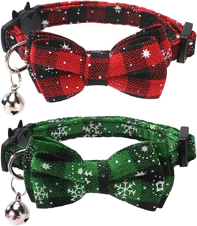 Lamphyface 2 Pack/Set Christmas Cat Collar Breakaway with Cute Bow Tie and Bell for Kitty Adjusta... | Amazon (US)