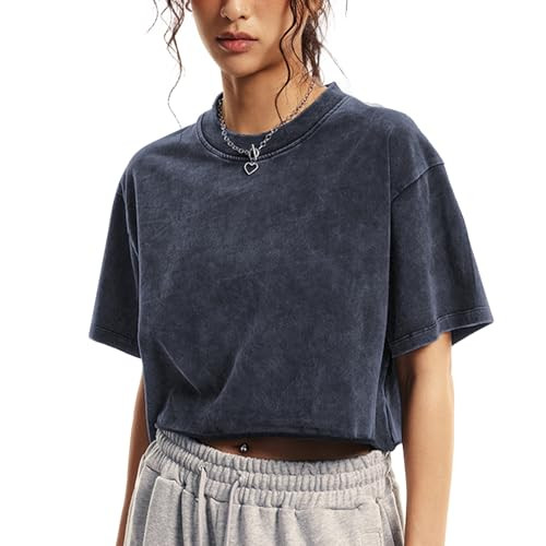 Womens Oversized Vintage T Shirts Casual Cropped Tees Short Sleeve Cotton Acid Wash Tops Summer G... | Amazon (US)