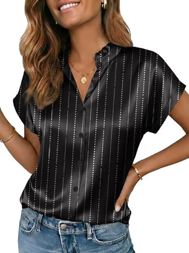 Funlingo Silk Blouse for Women Dressy Casual Striped Short Sleeve Button Down Shirts Summer Ruffle Collared Satin Tops Work Clothes Black Stripe XL | Amazon (US)