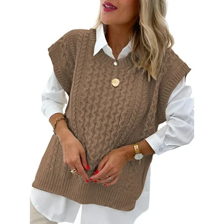 Dokotoo Women s Cable Sweater Vest Cap Sleeve Crew Neck Chunky Knit Sweater Tank Tops Side Split Win | Walmart (US)
