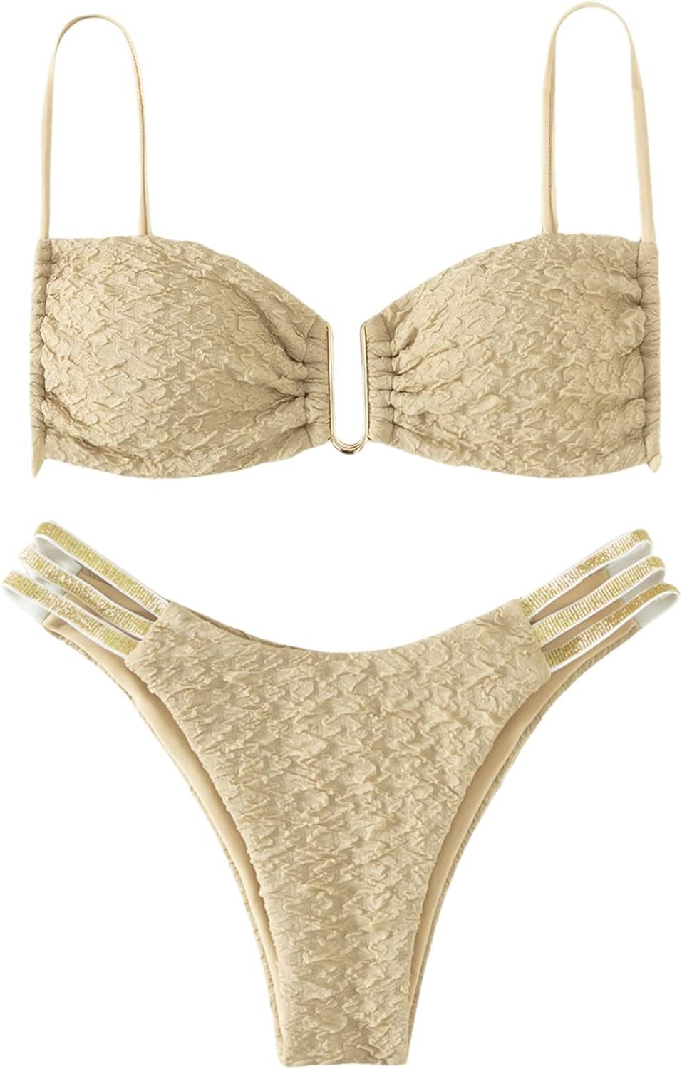 SweatyRocks Women's 2 Piece Bathing Suit Spaghetti Strap Tie Back High Cut Bikini Set Swimsuit | Amazon (US)