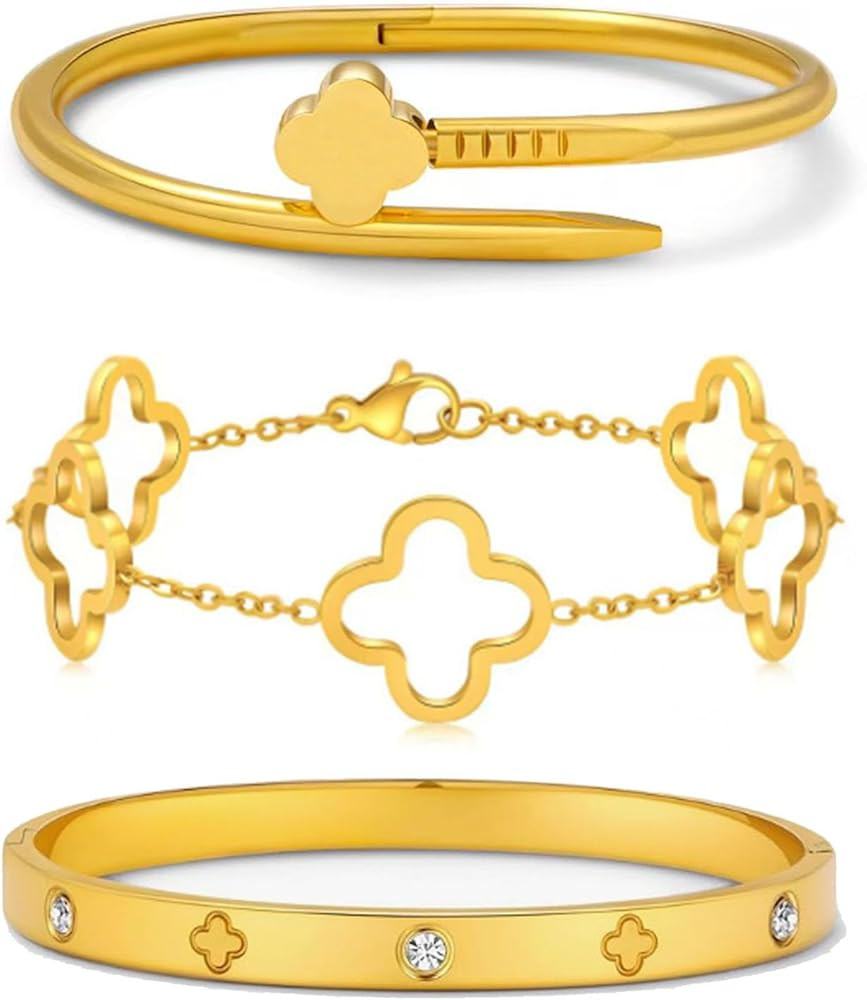 3 Pack Clover Bracelet for Women, Stainless Steel Nail Bracelet with Cubic Zirconia 18K Gold luck... | Amazon (US)