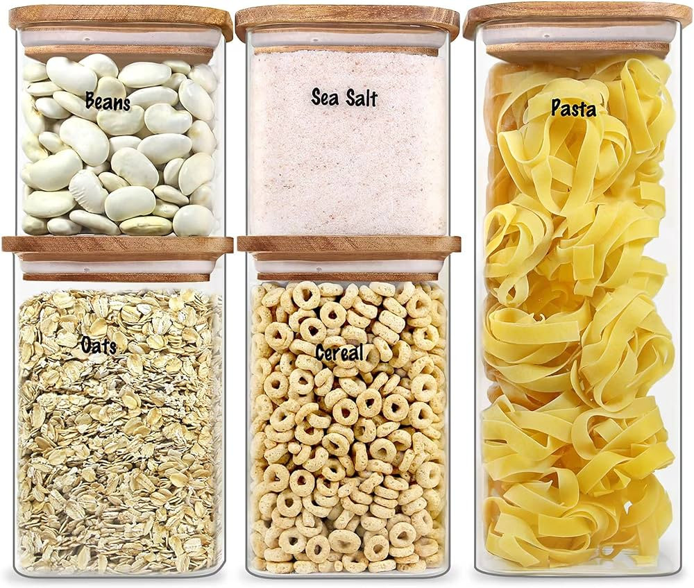 Square Glass Jars with Wood Lids Urban Green, 5 Pack in Square Shape, Airtight Glass Canisters Se... | Amazon (US)