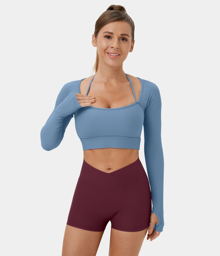 Women’s Ribbed Halter Strap Thumb Hole Cropped Yoga Sports Top - Halara | HALARA