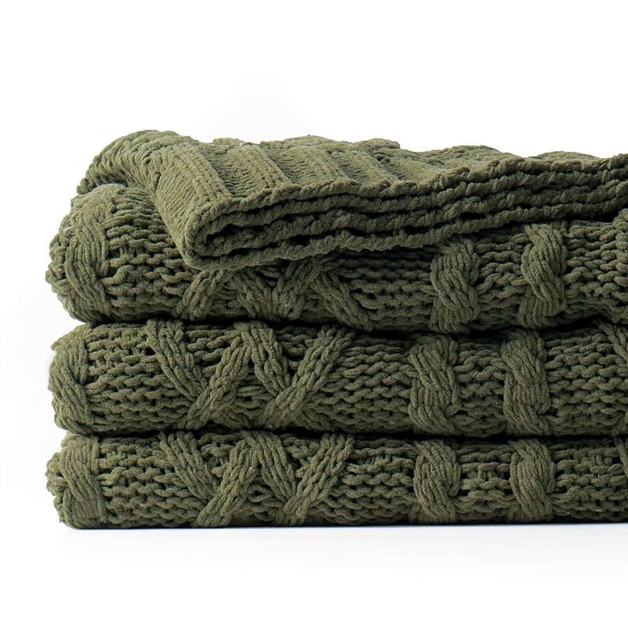 Battilo Olive Green Throw Blanket for Couch, Chunky Cable Knit Blanket, Woven Soft Cozy Chenille ... | Amazon (US)