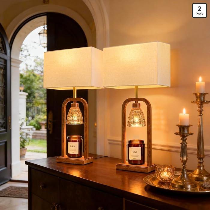 PoKat Farmhouse Table Lamps with Candle Warmer & Timer for Bedroom, Wood-Like Bedside Lamps Set o... | Amazon (US)