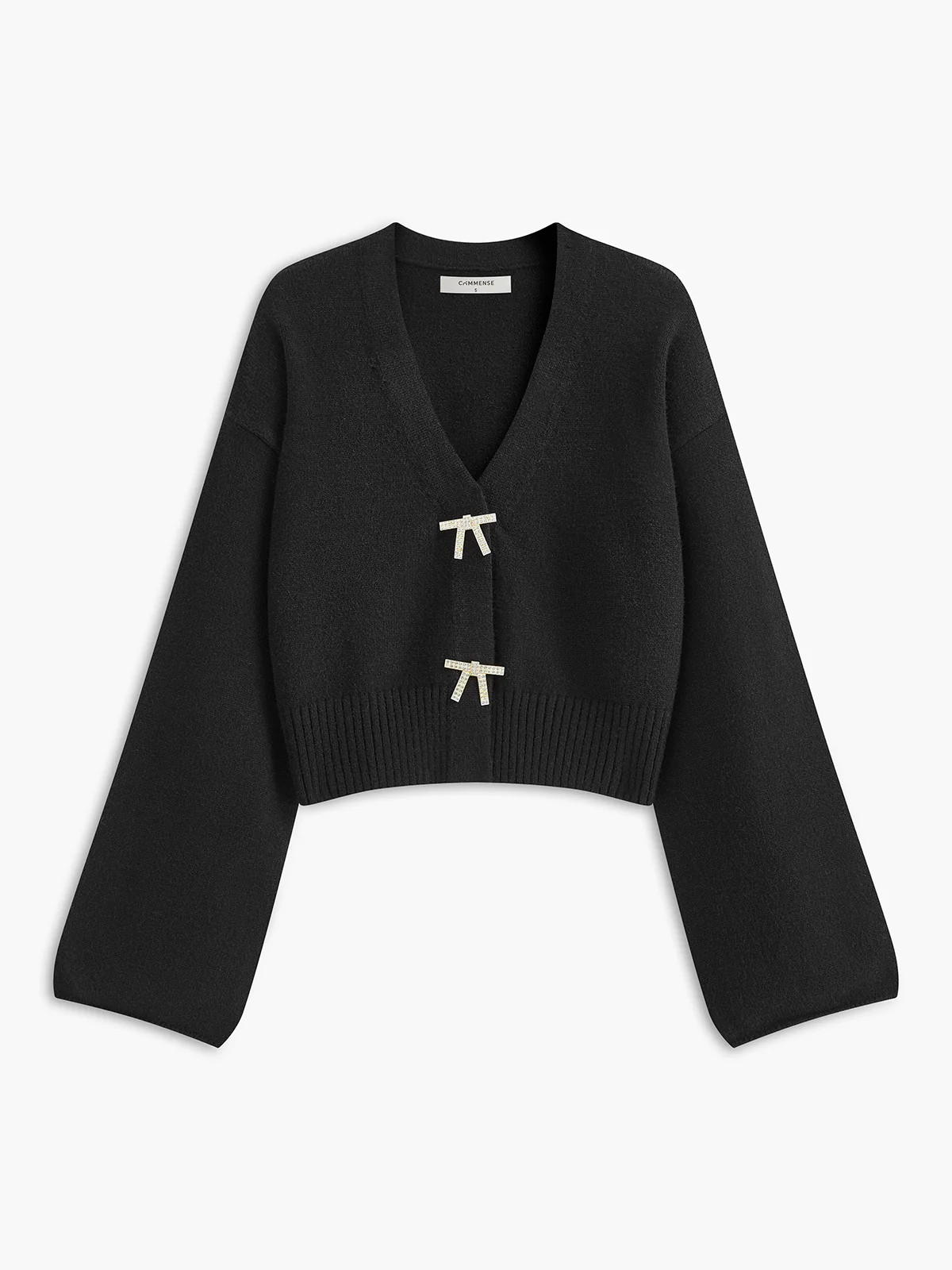 V-Neck Rhinestone-Bow Cardigan | Commense