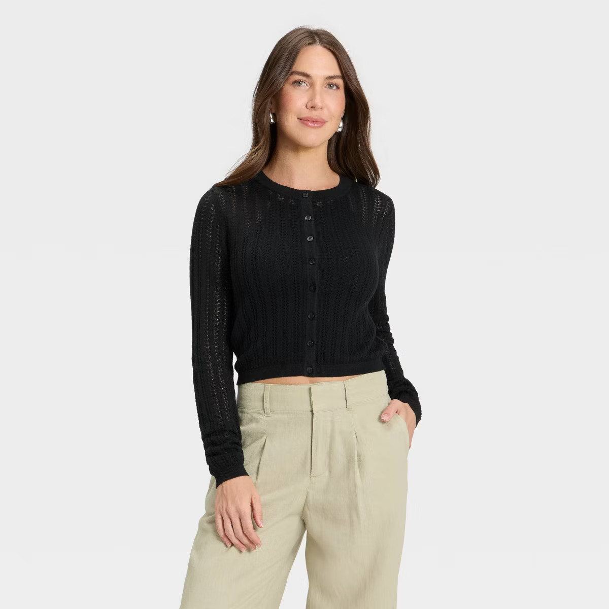 Women's Pointelle Cardigan Sweater - A New Day™ Black L | Target