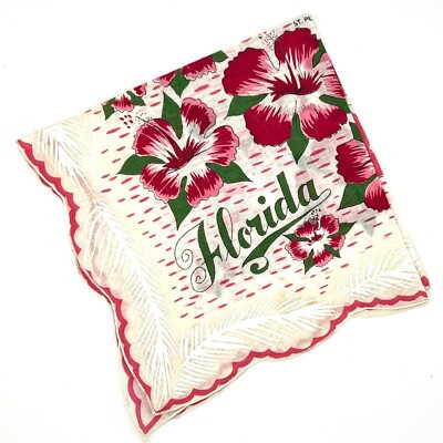 Vtg Retro Ladies Hankie Handkerchief Scalloped Edges Hibiscus Florida State Map | eBay US