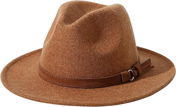 Lanzom Women Lady Classic Wool Fedora Hat Belt Buckle Wide Brim Panama Hat | Amazon (US)