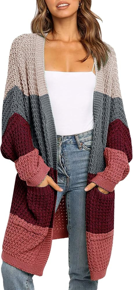 BTFBM Women Long Sleeve Open Front Plain Knit Cardigan Fashion Color Block Striped Slouchy Loose ... | Amazon (US)