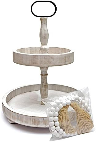 Farmhouse Tiered Tray with Beads Home Decor, Round 2 Tier Tray Cupcake Server, Wooden Tiered Tray... | Amazon (US)