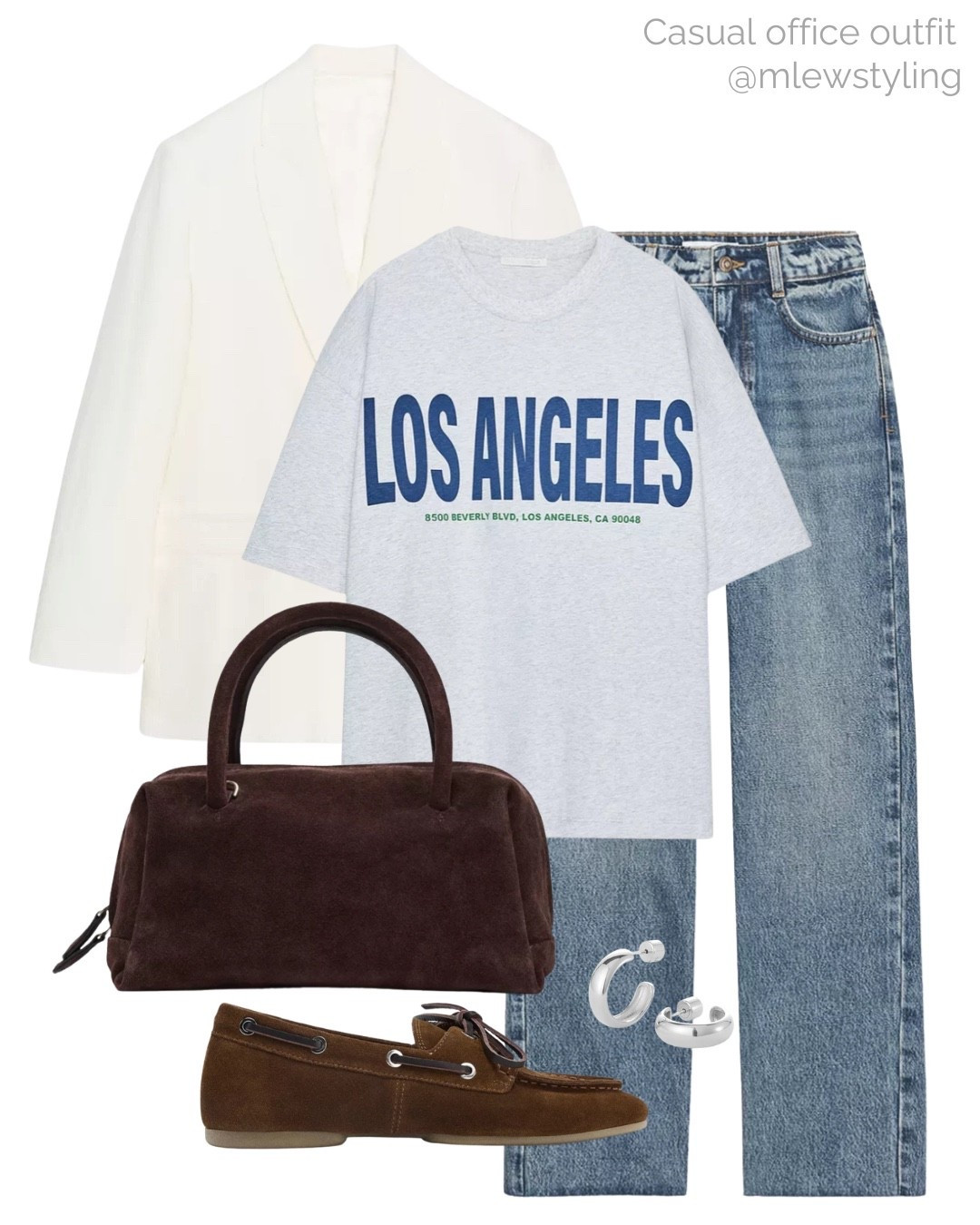 Casual office outfit perfect for late summer and early fall 🤎

Tags: new-in Zara, graphic t-shirt, white oversized blazer, straight leg jeans, brown suede bag, leather moccasins, silver hoop earrings, neutral aesthetic, everyday chic outfit, workwear, autumn handbag 

#LTKShoeCrush #LTKWorkwear #LTKItBag