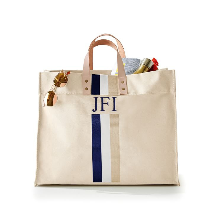 Hand-Painted Canvas Shopper Tote, Navy-White | Mark and Graham