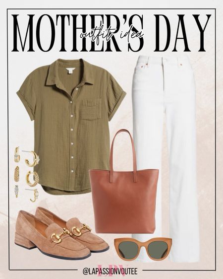 Elevate your Mother's Day style with sophistication: Pair white wide-leg pants with a breezy cotton gauze camp shirt. Accessorize with a set of three hoop earrings, trendy sunglasses, a sleek leather bag, and stylish loafer pumps. Effortlessly chic, this ensemble exudes timeless elegance for the occasion.

#LTKworkwear #LTKSeasonal #LTKstyletip