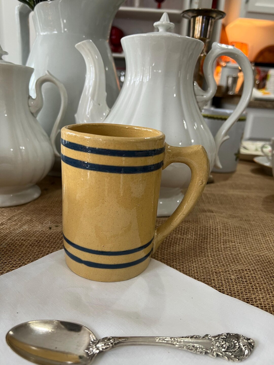Yellowware Mug With Blue Stripes - Etsy | Etsy (US)