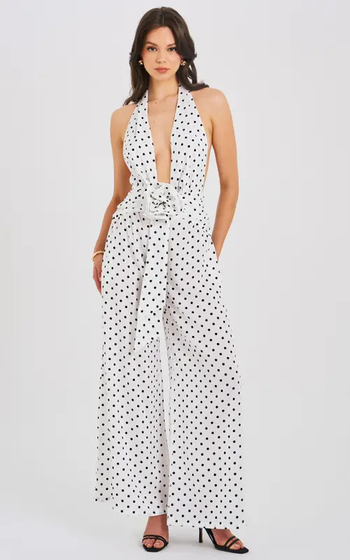 Miss Circle Oriana Halter Backless Polka Dot Jumpsuit in White at Nordstrom, Size Xx-Small | Nordstrom