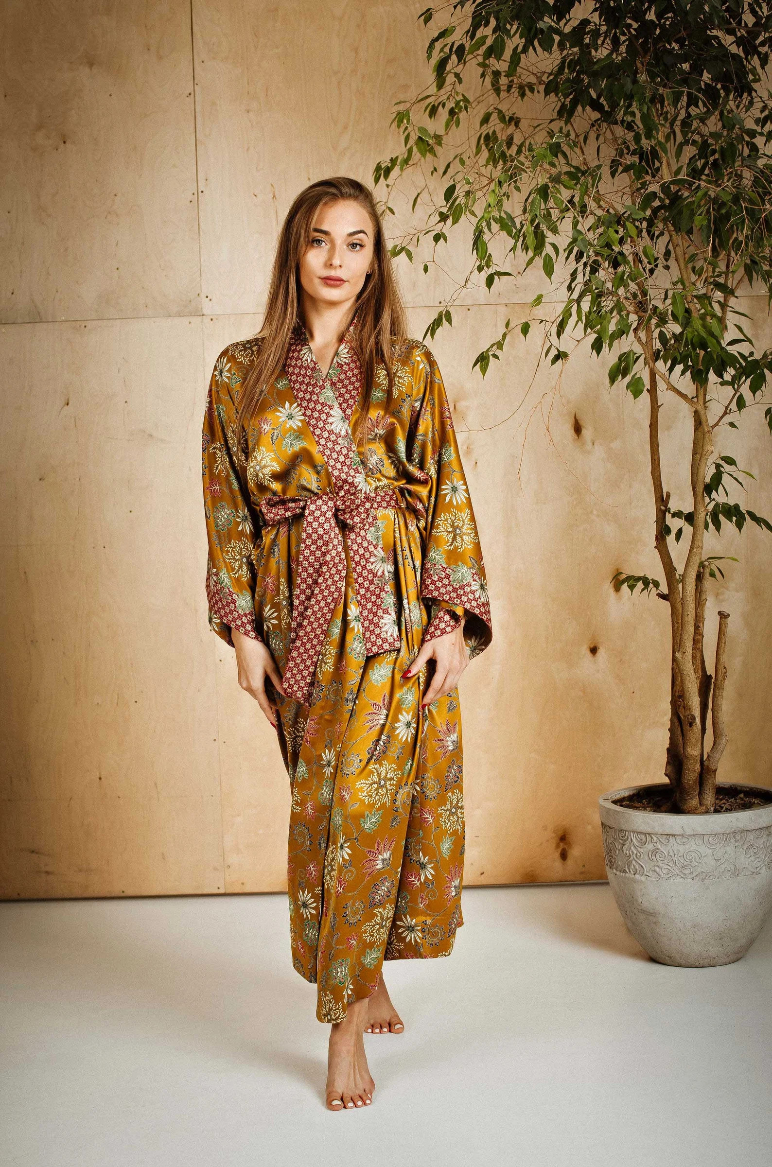 Bali Silk Long Kimono Robe Boheme, Gold Plus Size Dressing Gown, Honeymoon Lounge Wear, Luxury Ch... | Etsy (US)