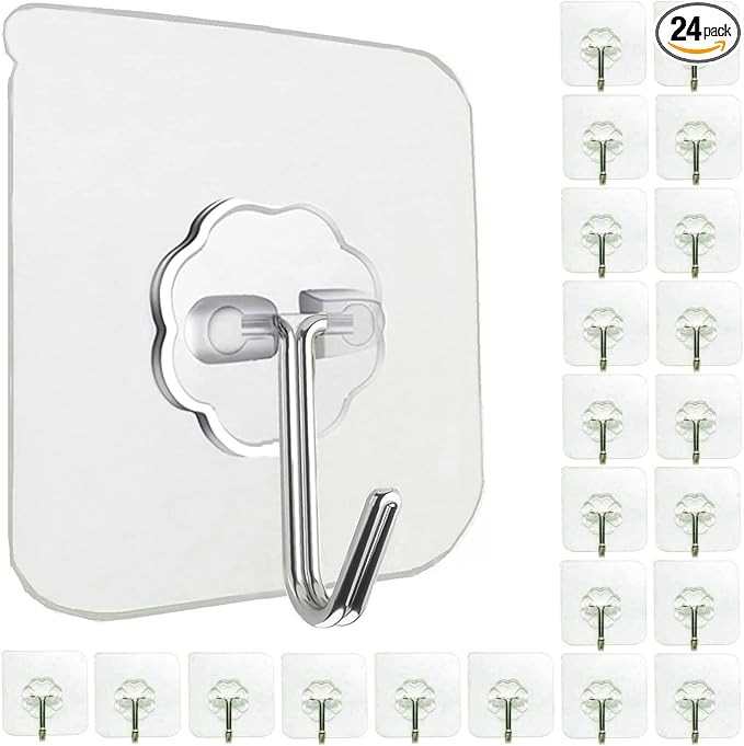 24 Pack Heavy Duty Self Adhesive Hooks - 33lb Max, Transparent, Waterproof, Sticky Wall Hooks for... | Amazon (US)