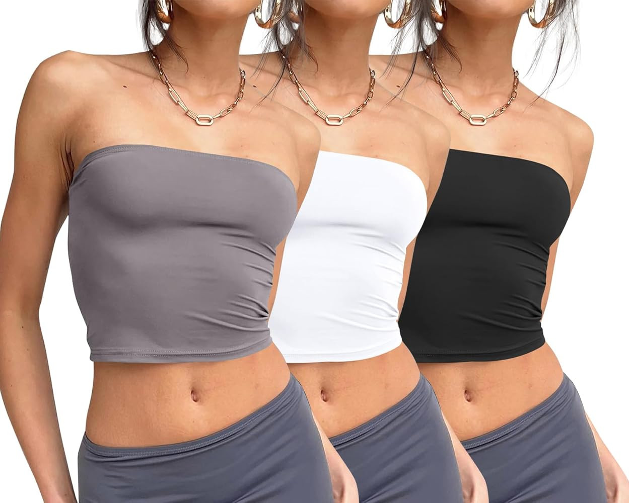 Trendy Queen Womens 3 Pack Tube Tops Crop Going Out Strapless Basic Backless Bandeau Bra Summer O... | Amazon (US)