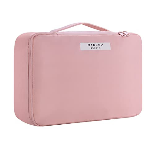 HCFGS Travel Makeup Bag,Cosmetic Bag Travel Makeup Organizer Toiletry bag for women,Portable Pouch Open Flat Makeup Bag,Make up Organizer with Divider and Handle,Pink | Amazon (US)