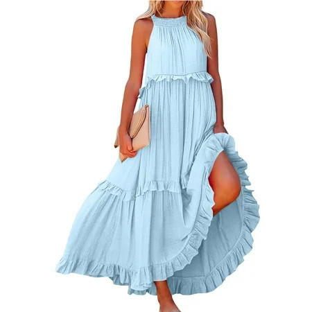 Womens Summer Sleeveless Dress Halter Tie Back Loose Built in Bra Dress Flowy Ruffle Tiered Maxi Dress Beach Swing Long Dresses Sundress Sky Blue M | Walmart (US)