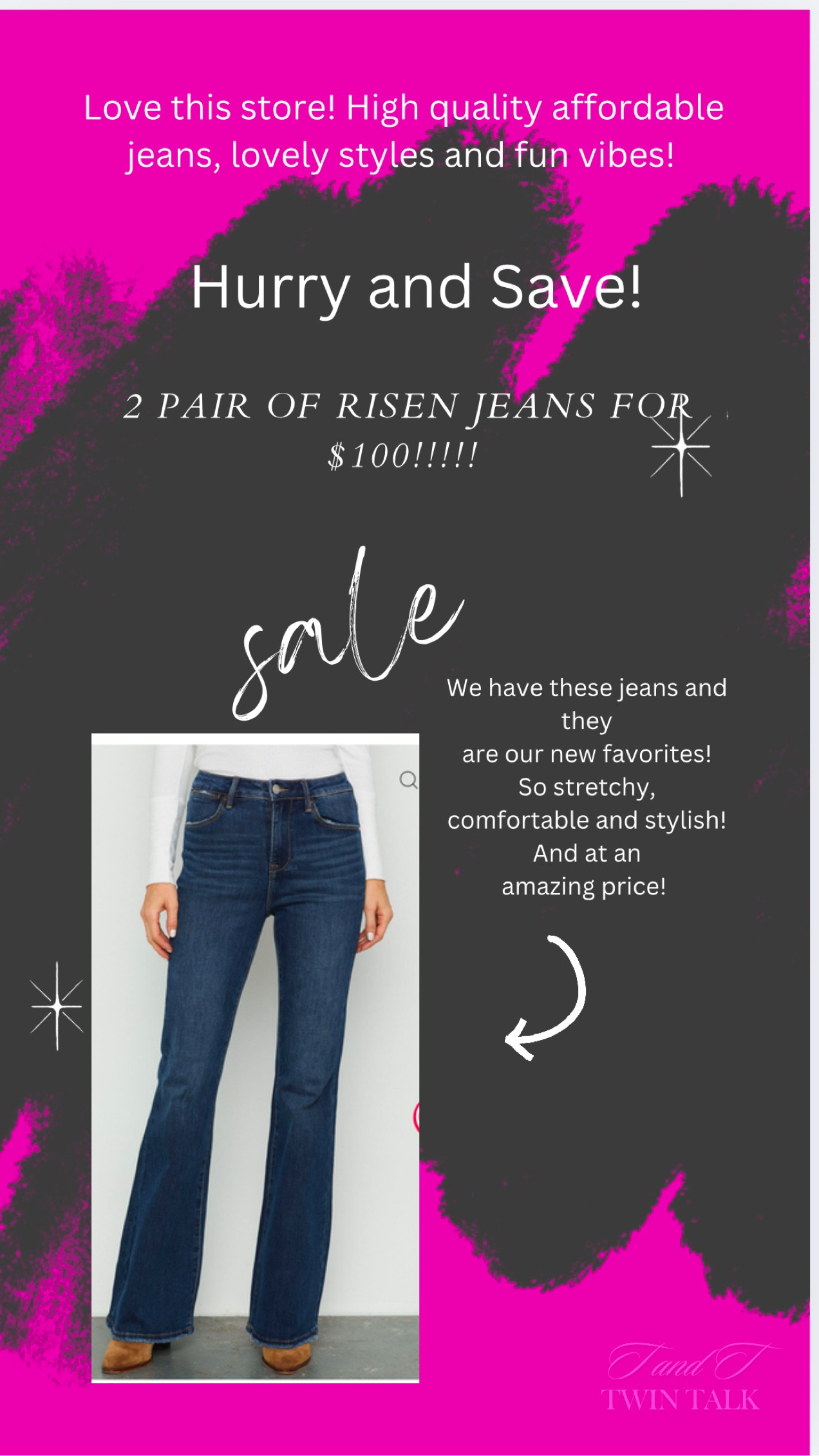 Today only!!  2 pair for $100!!!  
Awesome deal on our best jeans  

#LTKSaleAlert #LTKWatchNow #LTKOver40