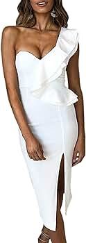 ECOWISH Women's Dresses Sexy Ruffle One Shoulder Sleeveless Split Bodycon Midi Party Dress | Amazon (US)