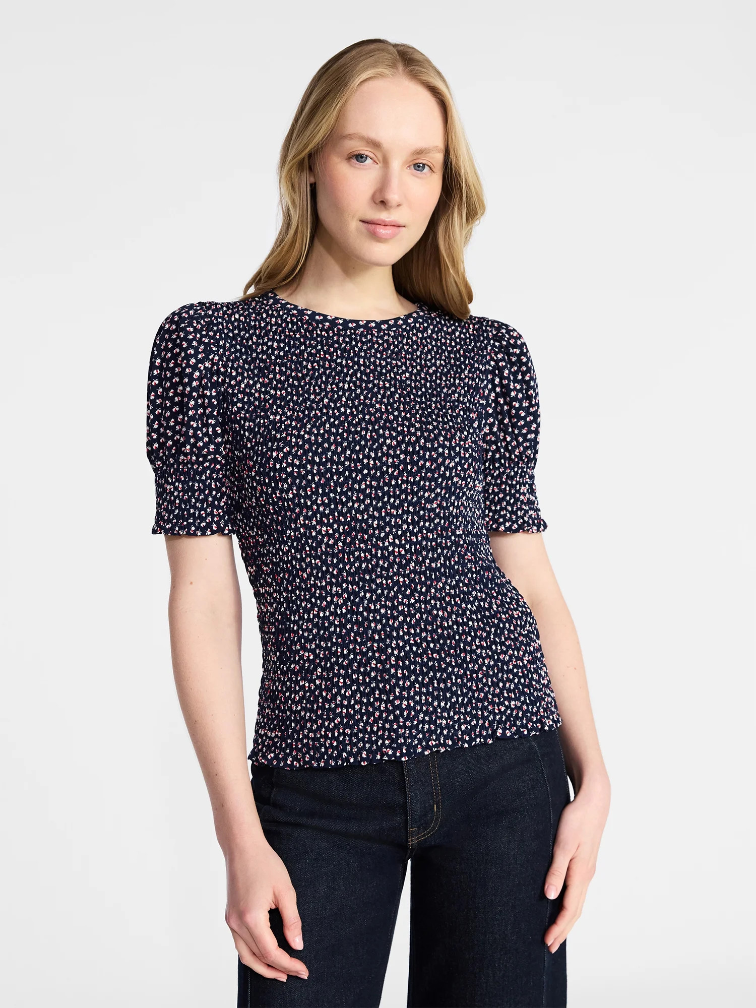 Time and Tru Women's Smocked Top with Short Puff Sleeves, Sizes XS-XXXL | Walmart (US)