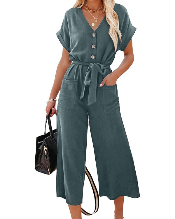Acelitt Womens Short Sleeve V Neck Button Belted Wide Leg Jumpsuits with Pockets, S-XXL | Amazon (US)