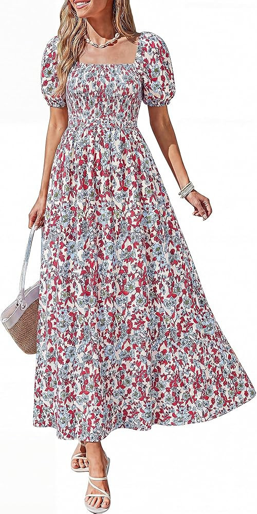 BTFBM Summer Maxi Dresses for Women Wedding Guest Spring Floral Boho Short Sleeve Smocked Beach G... | Amazon (US)