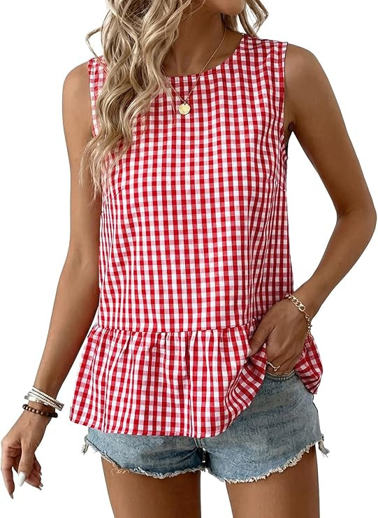 BLENCOT Women Gingham Sleeveless Shirts Ruffle Round Neck Peplum Tank Tops Business Casual Dressy... | Amazon (US)