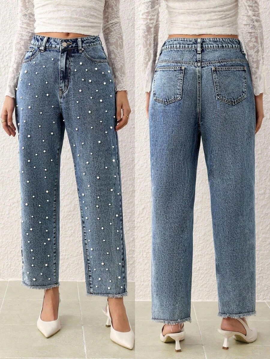 Selenza Women's Faux Pearl Decor Pocket Wide Leg Loose Casual Denim Pants | SHEIN