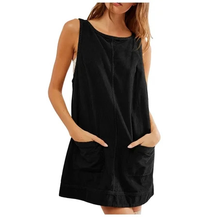 Zhencn Women s Corduroy Dress Round Neck A Line Skirtall Mini Dress Pinafore With Pockets Black | Walmart (US)
