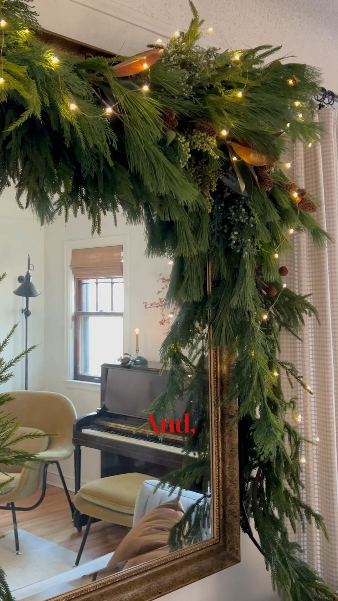 There’s no mantle to decorate over here so I’m taking it out on the mirror. 😄 I love the luxe, drippy look of this garland and it’s so easy to do. 

Attach heavy duty (15 lb) command hooks above both top corners of the mirror.
These will give the illusion of the garland being beautifully draped over the mirror. Meanwhile the bulk and weight is actually supported by hidden hooks.

Start with faux garland. I’m layering a Norfolk garland and faux cedar garland. 
Create floral wire loops around the garland & hang on your hooks. 

Layer the garlands running opposite directions. 

If you’re feeling extra, create little bouquets of  fresh pine, berries, and pinecones and tuck them into your garland. No need to wire them. Pine, in particular, smells amazing and doesn’t dry out super fast.

Finally add a little sparkle with twinkle lights!

#LTKHome #LTKSeasonal #LTKHoliday